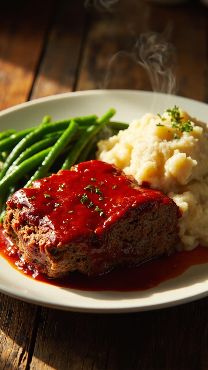 A thick slice of meatloaf on a white plate, glossy tomato glaze on top, a scoop of creamy mashed potatoes beside it, bright steamed green beans, a small sprinkle of chopped parsley, rustic wood table surface