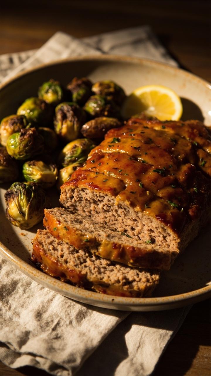 A golden turkey meatloaf sliced on a beige ceramic plate, thin mustard glaze on top, a side of roasted Brussels sprouts, lemon wedge on the side, linen napkin underneath