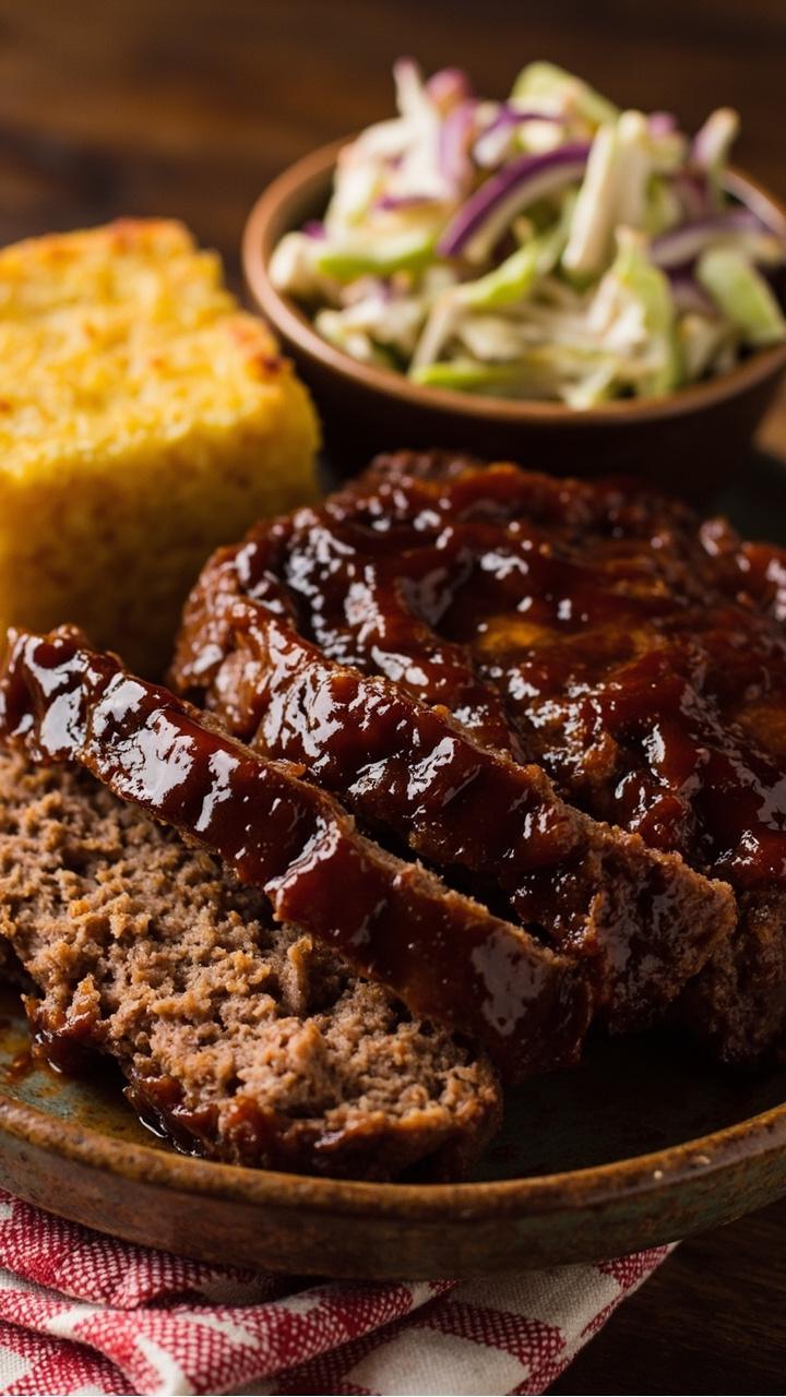A thick slice of meatloaf topped with glossy dark brown BBQ glaze, charred edges visible, cornbread square on the side, coleslaw in a small bowl, checkered napkin under plate