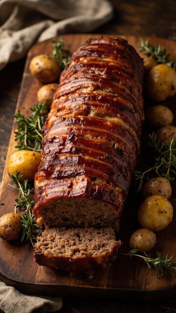 A whole bacon wrapped meatloaf on a wooden board, bacon crisp and caramelized, roasted potatoes around the loaf, sprigs of thyme for garnish, kitchen towel visible