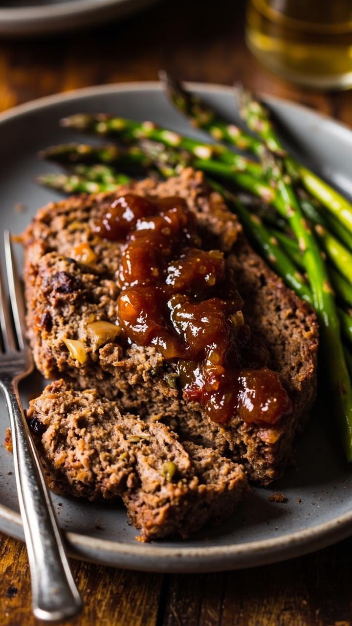 A thick slice of meatloaf studded with visible mushroom pieces on a gray plate, caramelized onion relish spooned over, roasted asparagus on the side, fork resting on plate