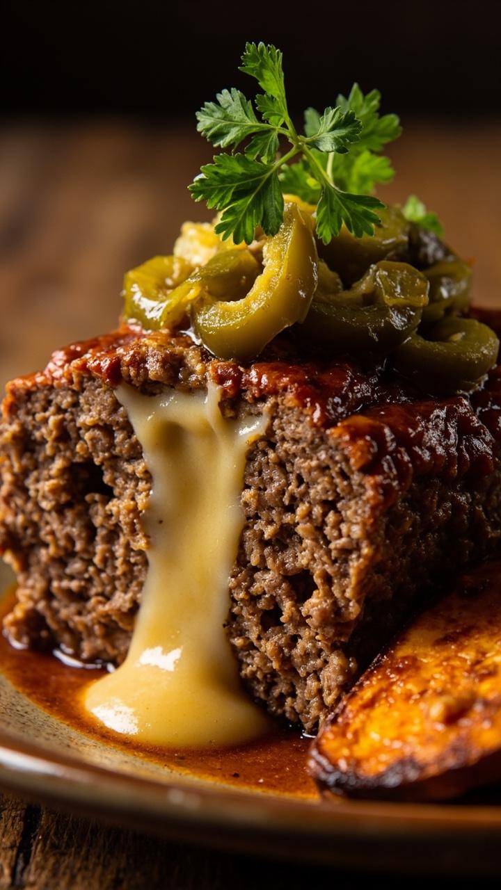 A thick slice of meatloaf with melted cheddar oozing from the center, thin slices of pickled jalapeño on top, roasted sweet potato wedges on the side, cilantro sprig as garnish