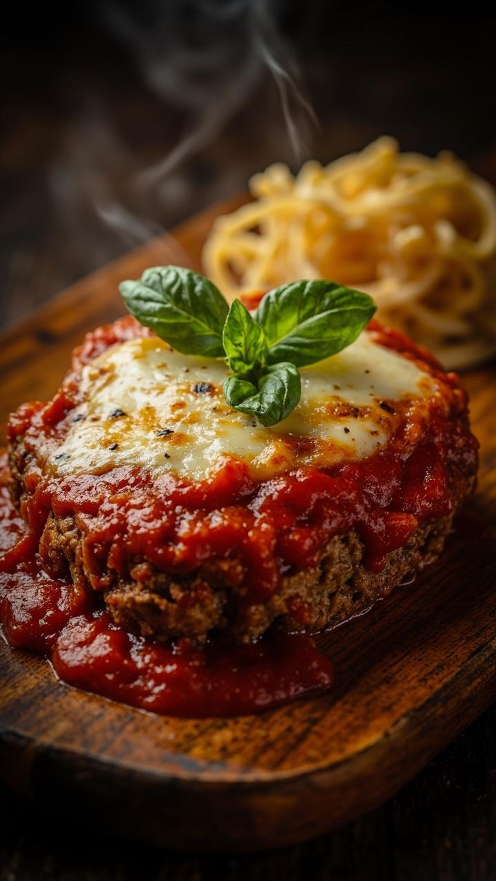 A slice of meatloaf topped with bright red marinara and melted mozzarella, a sprinkle of basil leaves, a small pile of buttered pasta on the side, wooden serving board