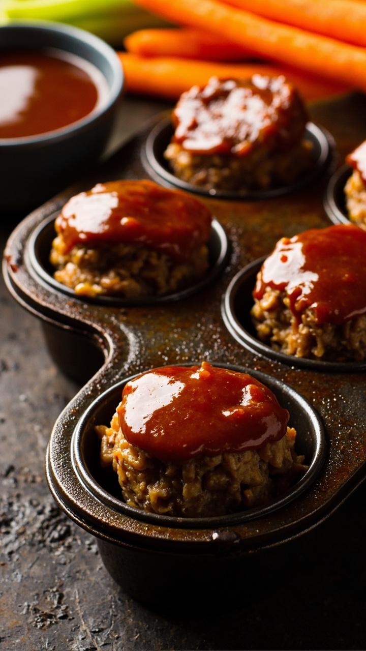 Six mini meatloaf muffins in a muffin tin with glossy honey glaze, a small bowl of extra glaze nearby, carrot sticks and celery arranged beside the tin, cast iron surface