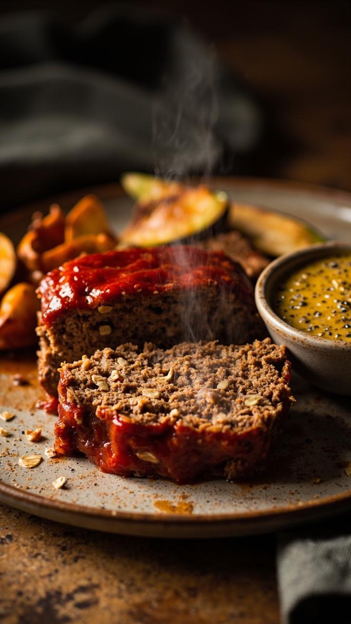 A slice of meatloaf with visible oats, a light tomato glaze, roasted root vegetables on the side, small bowl of grainy mustard, neutral stoneware plate