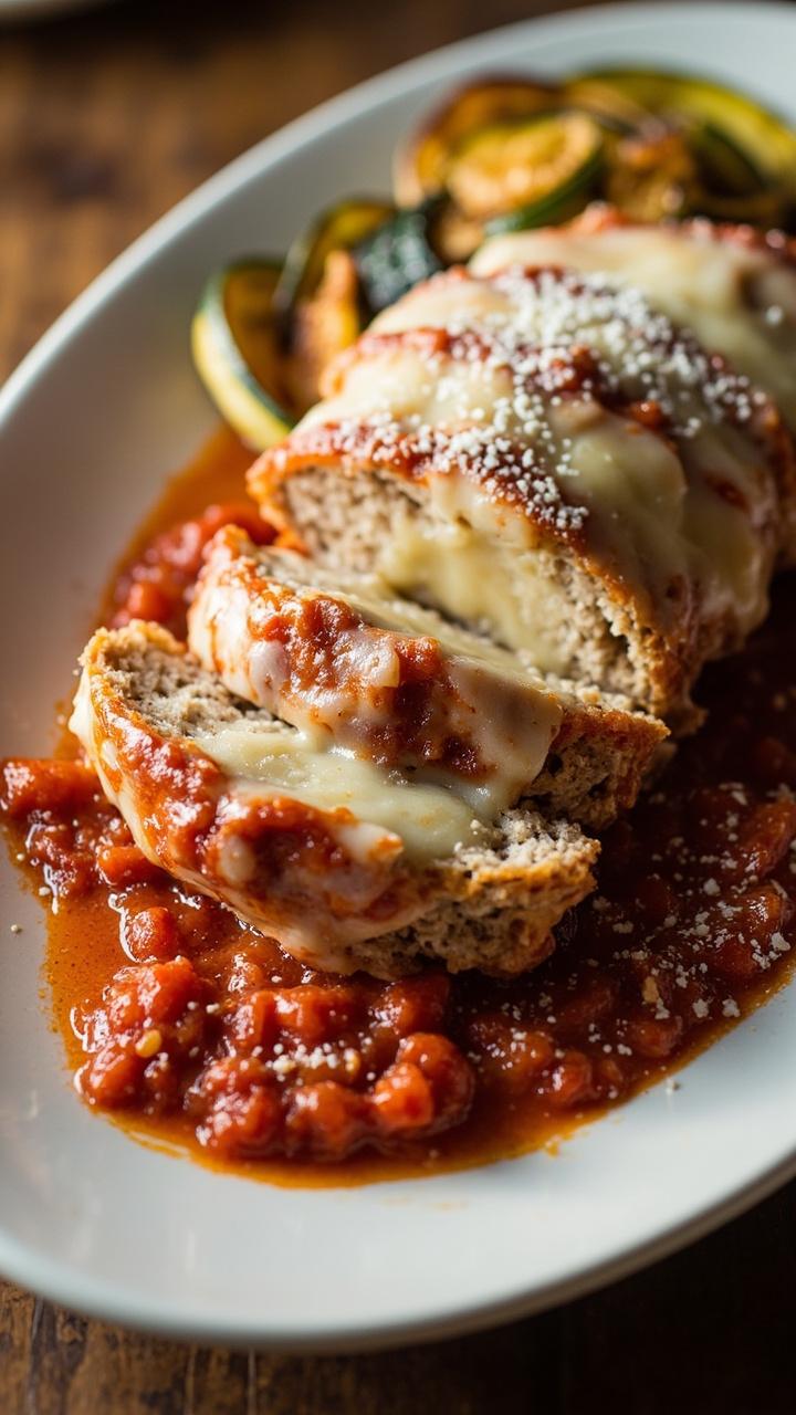 A slice of pale chicken meatloaf topped with melted mozzarella and red marinara, a dusting of grated Parmesan, roasted zucchini ribbons on the side, white oval plate