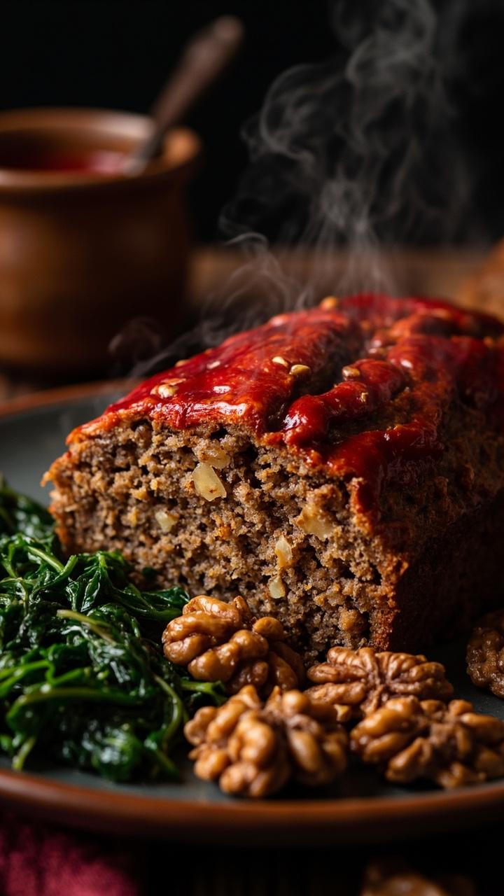 A thick slice of lentil walnut loaf with a red glaze on top, sautéed spinach on the side, toasted walnuts sprinkled over the plate, brown ceramic bowl nearby
