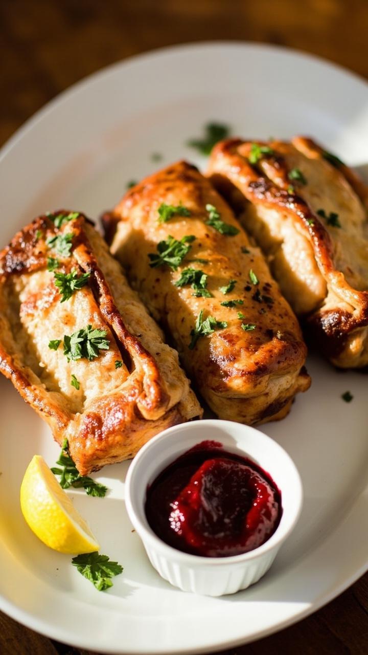 Four golden turkey mini loaves on a white oval platter with a lemon wedge, chopped parsley sprinkled on top, and a small bowl of cranberry mustard on the side Four golden turkey mini loaves on a white oval platter with a lemon wedge, chopped parsley sprinkled on top, and a small bowl of cranberry mustard on the side
