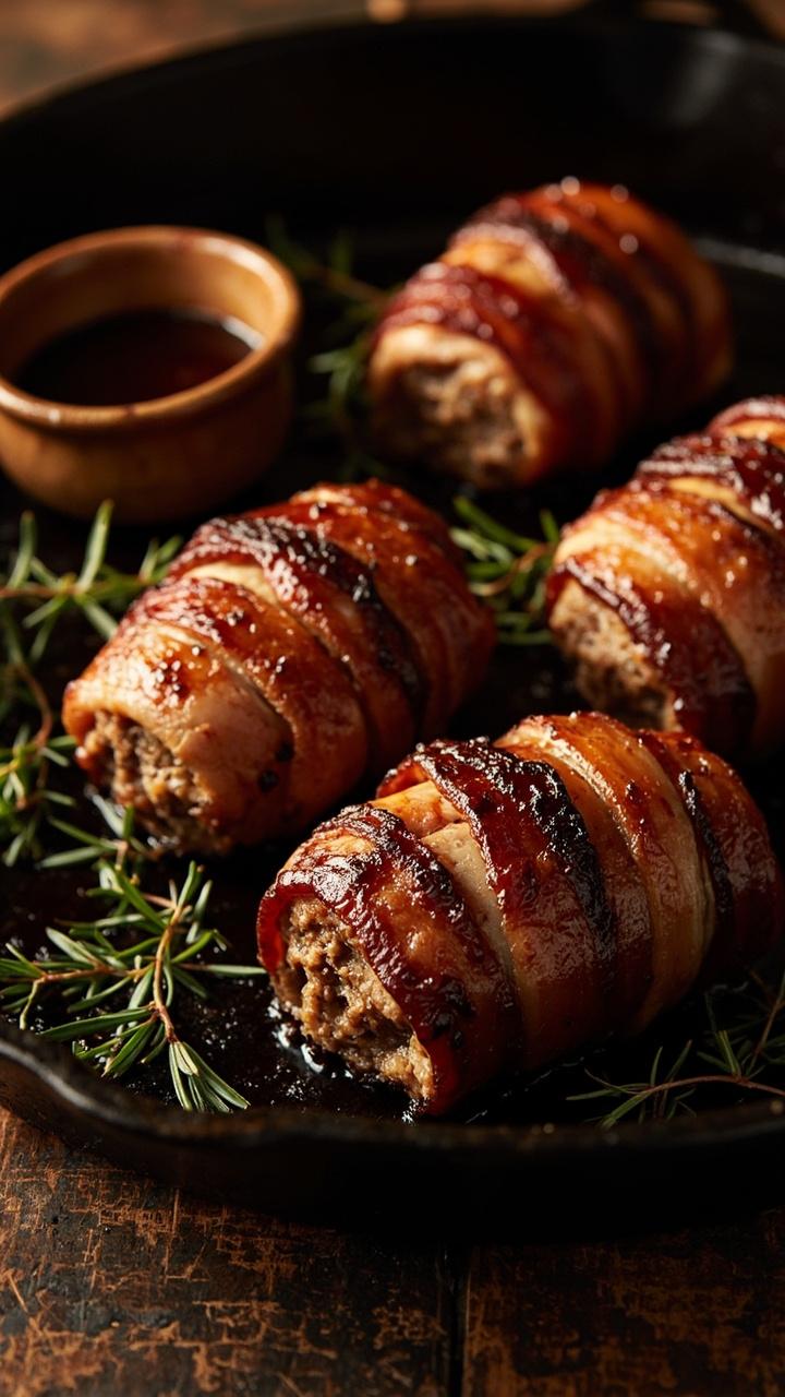 Four bacon wrapped mini loaves on a cast iron skillet, crisp bacon edges, a small dish of pan juices, and a scattering of thyme leaves Four bacon wrapped mini loaves on a cast iron skillet, crisp bacon edges, a small dish of pan juices, and a scattering of thyme leaves