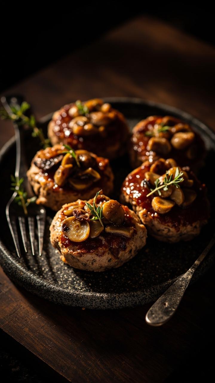 Four mini meatloaves on a dark ceramic plate topped with a spoonful of sautéed mushrooms and onions, a sprig of thyme, and a rustic fork at the side Four mini meatloaves on a dark ceramic plate topped with a spoonful of sautéed mushrooms and onions, a sprig of thyme, and a rustic fork at the side