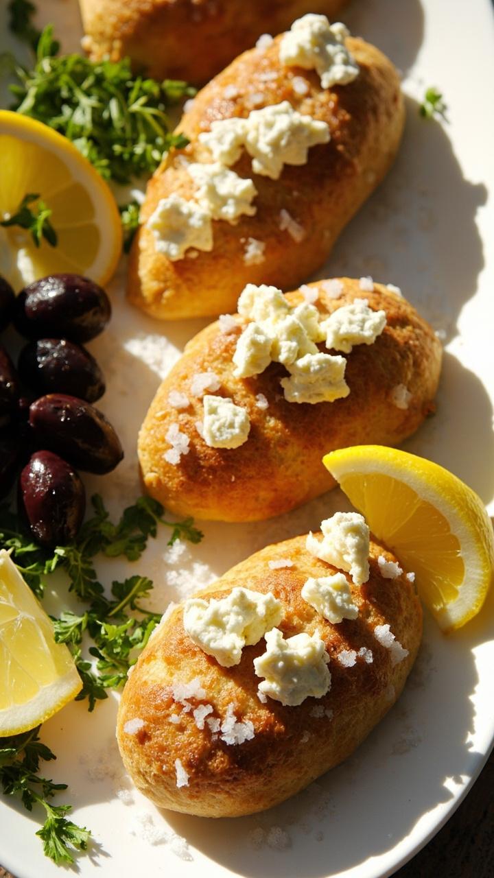 Four browned mini loaves on a white platter dotted with crumbled feta, lemon wedges, a few Kalamata olives on the side, and a scattering of chopped parsley Four browned mini loaves on a white platter dotted with crumbled feta, lemon wedges, a few Kalamata olives on the side, and a scattering of chopped parsley