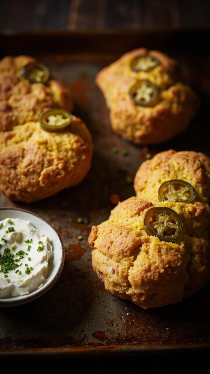 Four mini loaves with a golden cornbread top on a baking sheet, a few jalapeño slices on top of two loaves, and a small bowl of sour cream with chives Four mini loaves with a golden cornbread top on a baking sheet, a few jalapeño slices on top of two loaves, and a small bowl of sour cream with chives