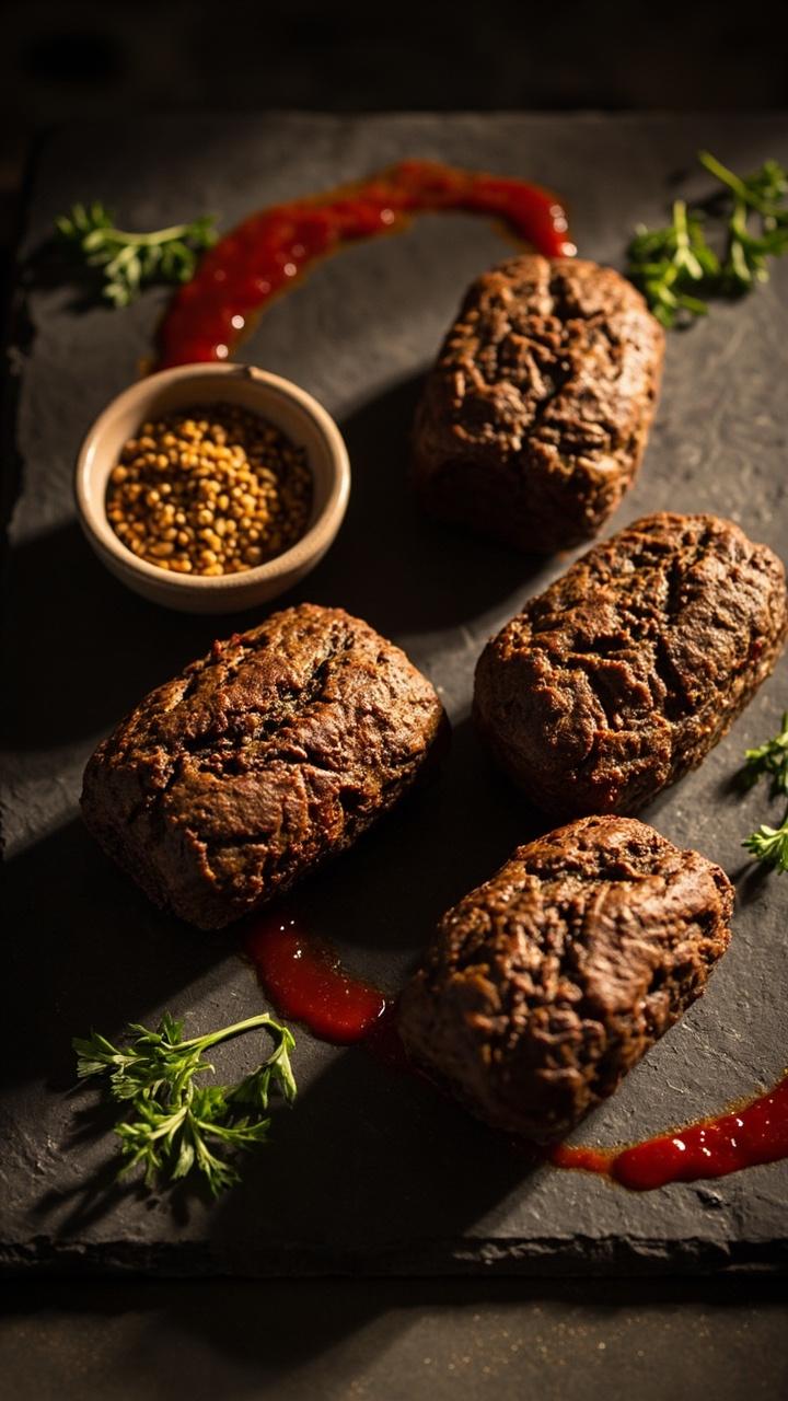 Four dense brown lentil mini loaves on a slate board with a smear of tomato glaze, a small bowl of grain mustard, and a few fresh parsley leaves Four dense brown lentil mini loaves on a slate board with a smear of tomato glaze, a small bowl of grain mustard, and a few fresh parsley leaves