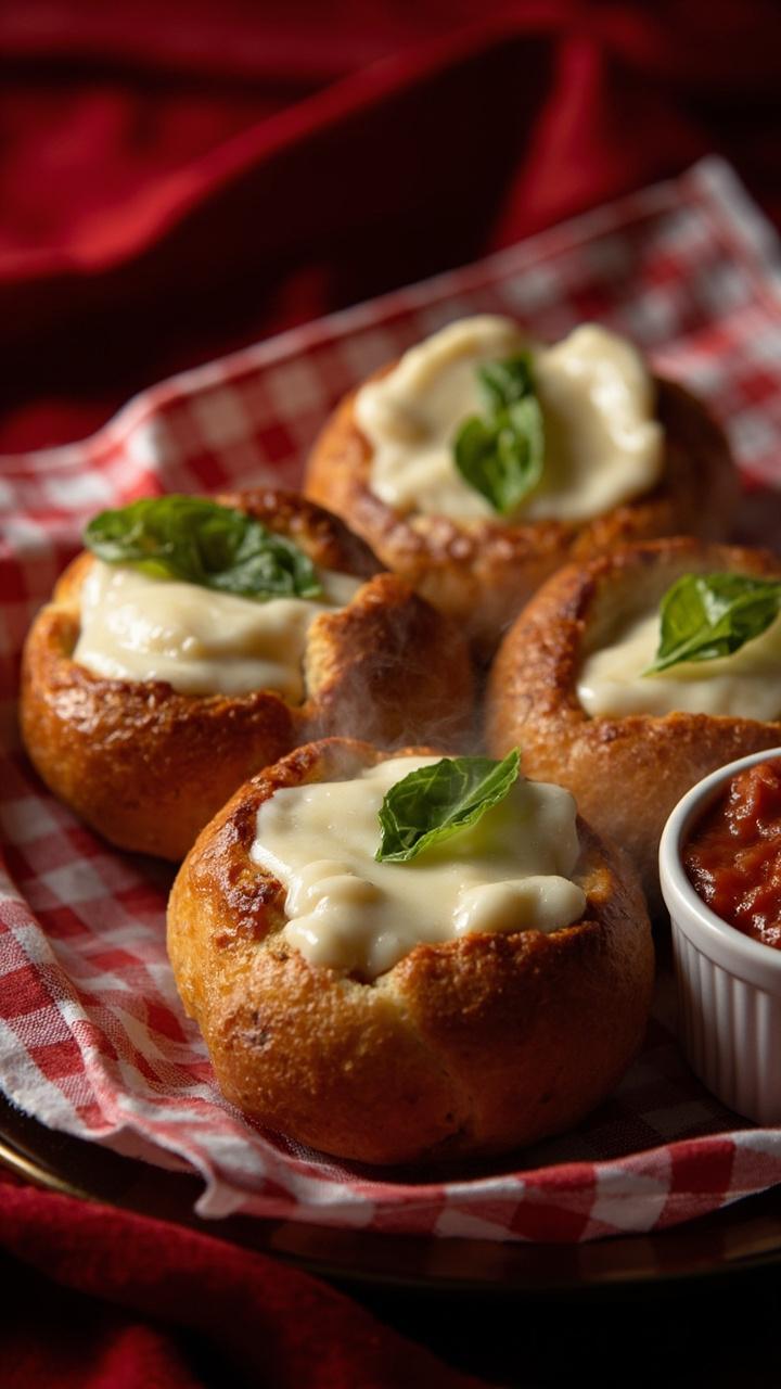 Four mini loaves on a red checked cloth lined plate with melted mozzarella oozing, a few basil leaves on top, and a small ramekin of marinara sauce Four mini loaves on a red checked cloth lined plate with melted mozzarella oozing, a few basil leaves on top, and a small ramekin of marinara sauce