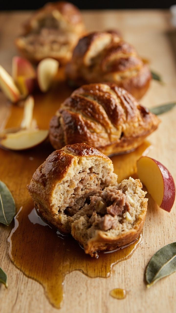 Four pork and apple mini loaves on a light wood board, thin apple slices fanned beside them, a drizzle of pan jus, and a few sage leaves Four pork and apple mini loaves on a light wood board, thin apple slices fanned beside them, a drizzle of pan jus, and a few sage leaves