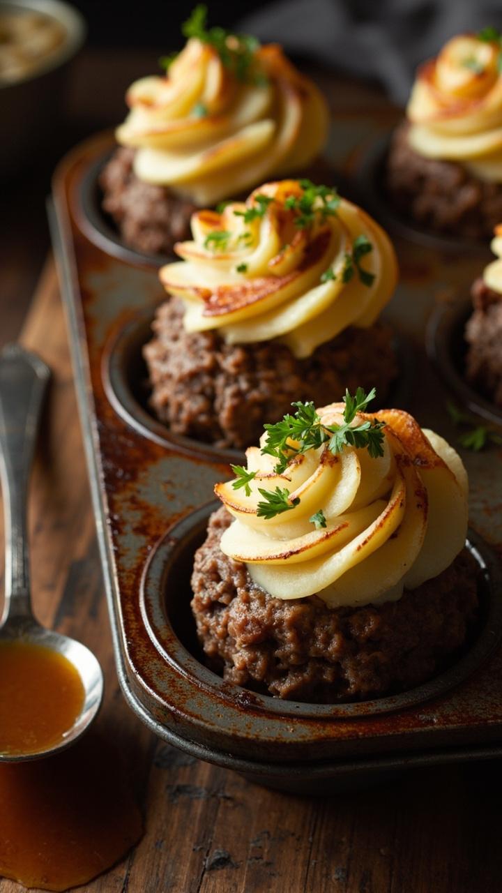 Four mini meatloaves in a muffin tin topped with golden mashed potato, a sprinkle of chopped parsley, and a small spoon of gravy beside the tin Four mini meatloaves in a muffin tin topped with golden mashed potato, a sprinkle of chopped parsley, and a small spoon of gravy beside the tin