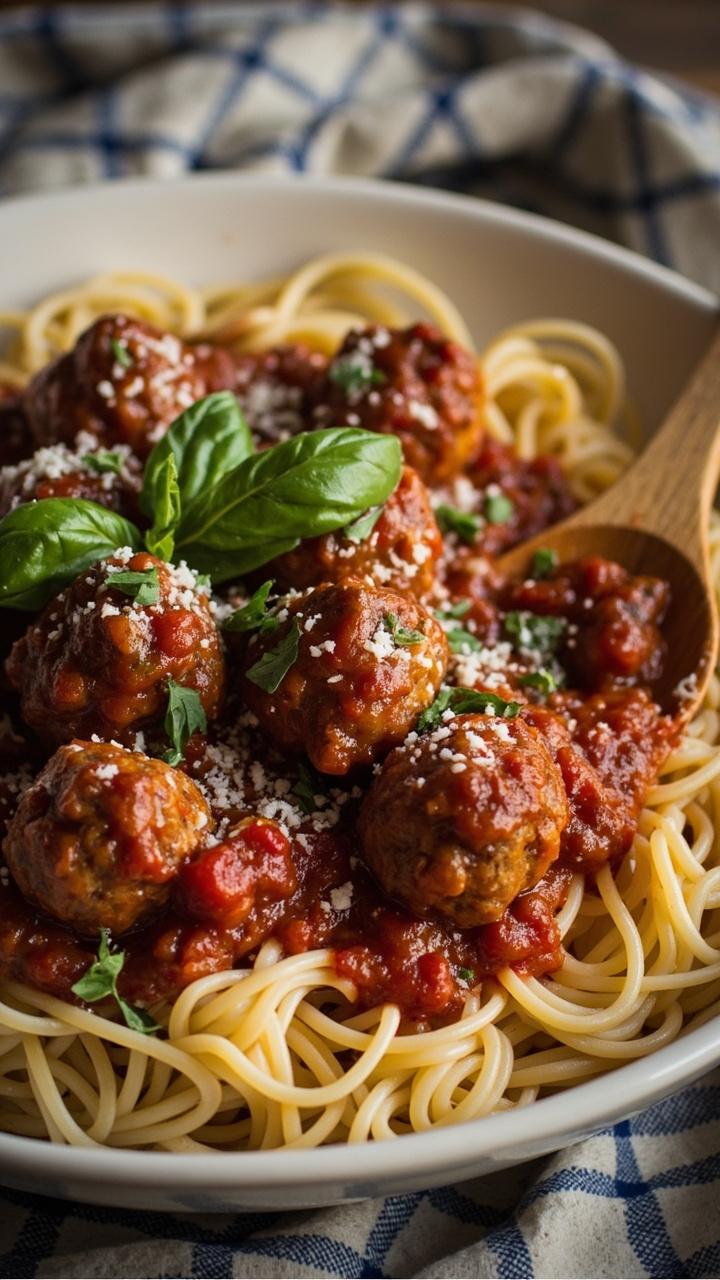 A shallow white pasta bowl piled with spaghetti, six glossy tomato-sauce-coated meatballs, a spoonful of torn basil leaves, a dusting of grated Parmesan, a wooden spoon resting on the rim against a checked tea towel A shallow white pasta bowl piled with spaghetti, six glossy tomato-sauce-coated meatballs, a spoonful of torn basil leaves, a dusting of grated Parmesan, a wooden spoon resting on the rim against a checked tea towel