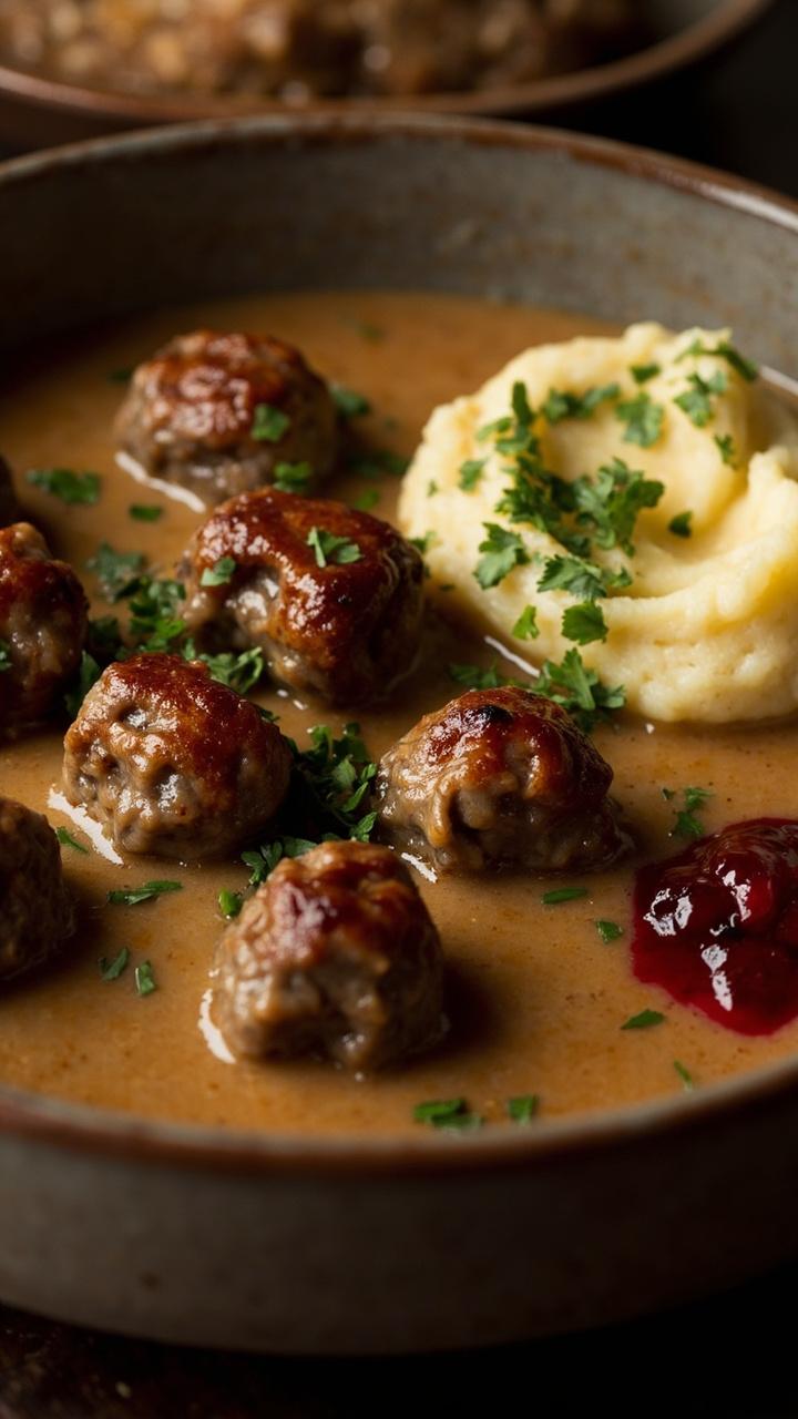 A shallow bowl of light-brown creamy sauce with seven small browned meatballs nestled on top, a scoop of buttery mashed potatoes beside them, a sprinkle of chopped parsley, a small pile of lingonberry jam on the side A shallow bowl of light-brown creamy sauce with seven small browned meatballs nestled on top, a scoop of buttery mashed potatoes beside them, a sprinkle of chopped parsley, a small pile of lingonberry jam on the side