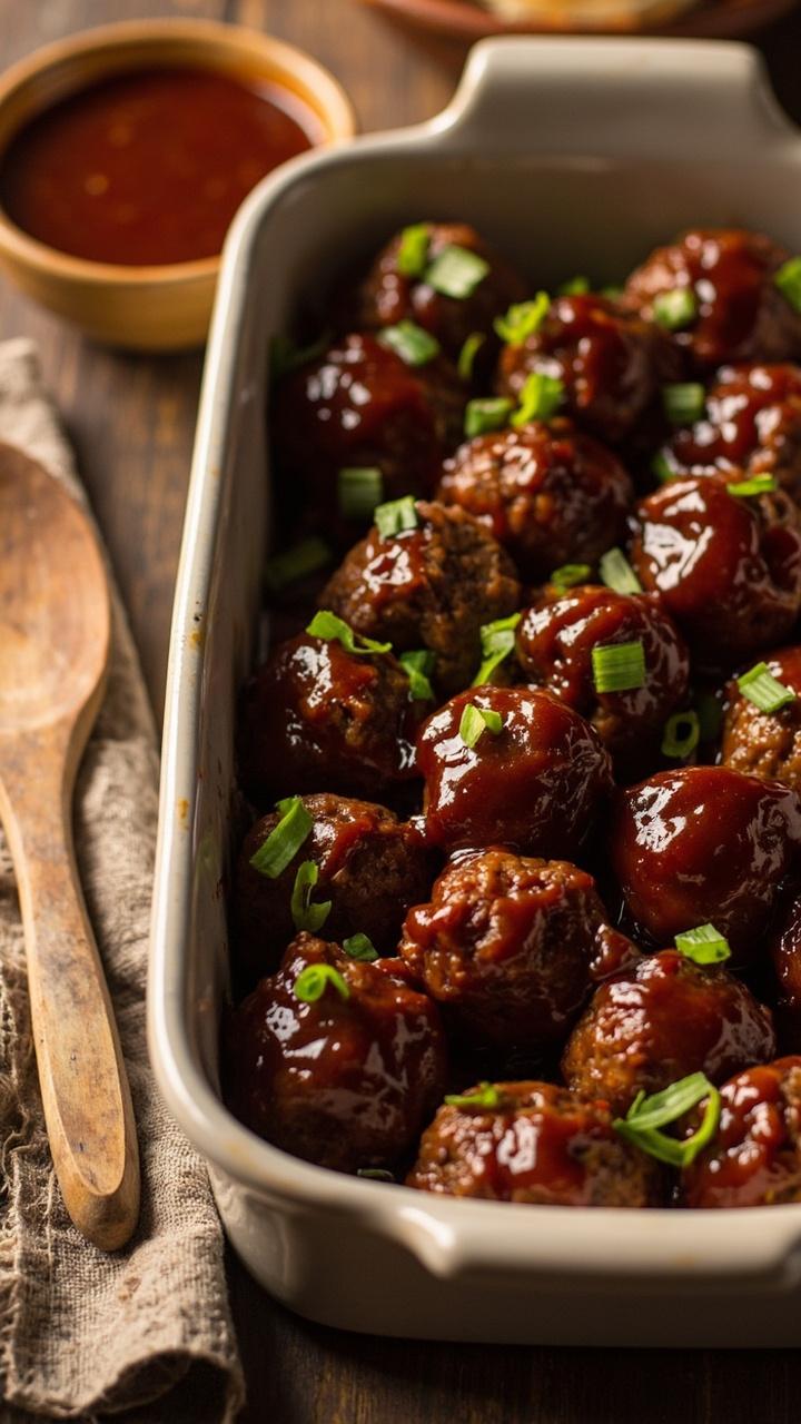A shallow baking dish filled with glossy dark amber sauce-coated meatballs, a small bowl of extra BBQ sauce nearby, a scattering of chopped green onions, a linen napkin and wooden serving fork A shallow baking dish filled with glossy dark amber sauce-coated meatballs, a small bowl of extra BBQ sauce nearby, a scattering of chopped green onions, a linen napkin and wooden serving fork