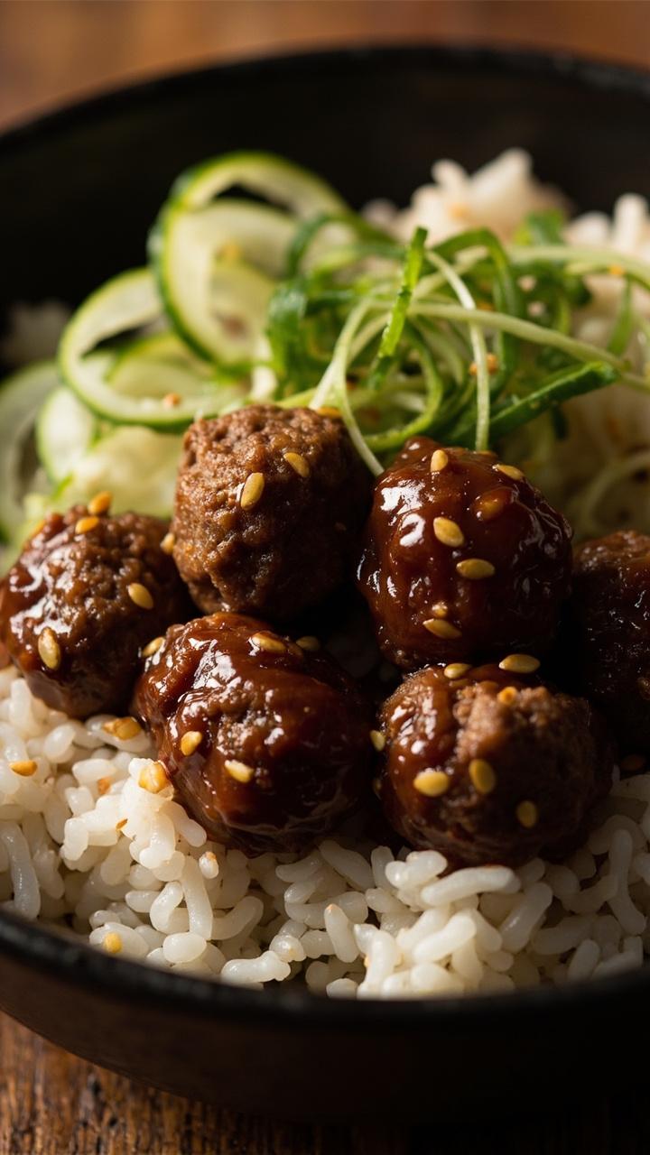 A shallow black bowl with five glossy dark brown meatballs on white jasmine rice, thin ribbons of pickled cucumber on the side, a scatter of toasted sesame seeds and sliced scallions A shallow black bowl with five glossy dark brown meatballs on white jasmine rice, thin ribbons of pickled cucumber on the side, a scatter of toasted sesame seeds and sliced scallions