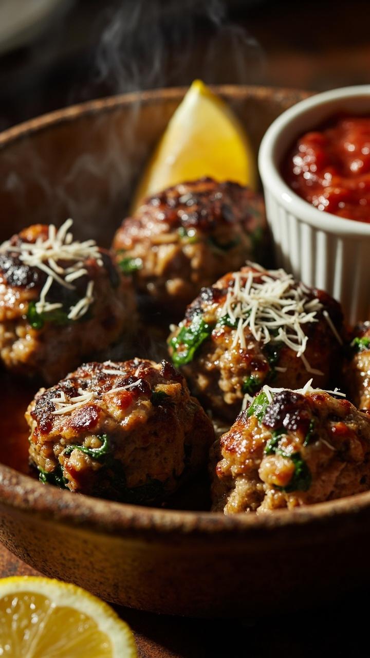 A shallow ceramic baking dish with six golden-brown meatballs flecked with green spinach, a small ramekin of tomato sauce on the side, a lemon wedge and a scattering of grated Parmesan A shallow ceramic baking dish with six golden-brown meatballs flecked with green spinach, a small ramekin of tomato sauce on the side, a lemon wedge and a scattering of grated Parmesan