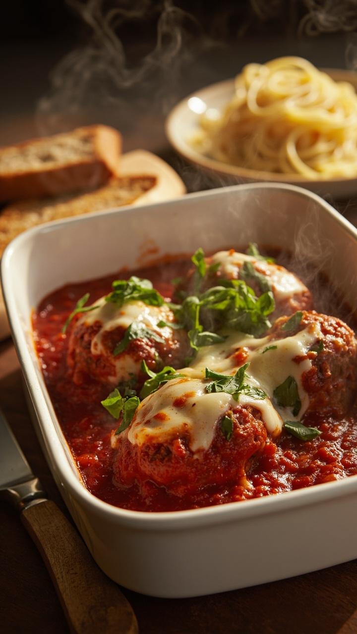 A shallow white baking dish with four saucy meatballs topped with melted golden-brown mozzarella, a scattering of chopped basil, a small mound of spaghetti in the background, a bread knife on the side A shallow white baking dish with four saucy meatballs topped with melted golden-brown mozzarella, a scattering of chopped basil, a small mound of spaghetti in the background, a bread knife on the side
