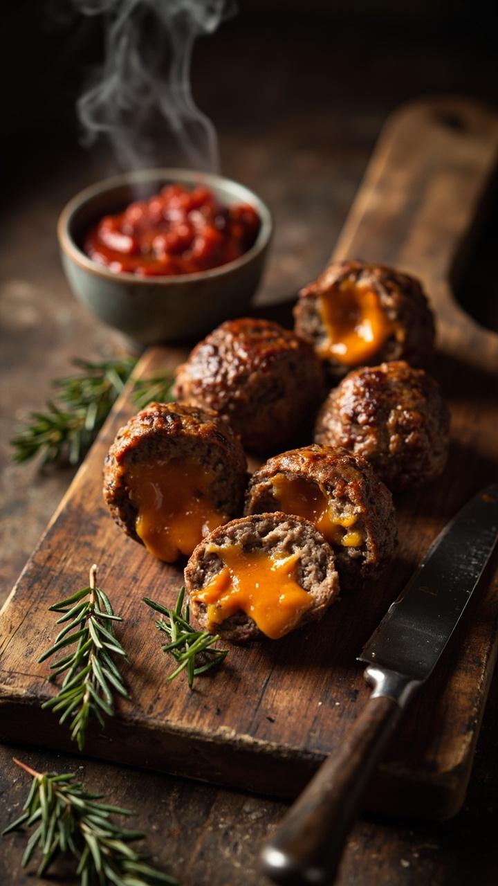 A wooden board with three halved meatballs showing an orange melted cheddar center, a small bowl of ketchup or tomato sauce for dipping, a scattering of rosemary, a rustic knife nearby A wooden board with three halved meatballs showing an orange melted cheddar center, a small bowl of ketchup or tomato sauce for dipping, a scattering of rosemary, a rustic knife nearby