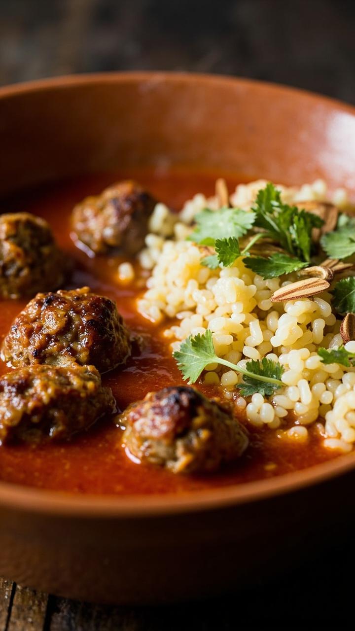 A shallow bowl filled with reddish tomato stew, five small browned meatballs peeking through, a mound of fluffy couscous on the side, a sprinkle of chopped cilantro and toasted almond slivers A shallow bowl filled with reddish tomato stew, five small browned meatballs peeking through, a mound of fluffy couscous on the side, a sprinkle of chopped cilantro and toasted almond slivers