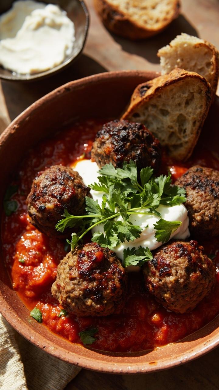 A shallow earthenware bowl with five brown lentil-mushroom meatballs in a bright tomato sauce, a small ramekin of Greek yogurt on the side, a scattering of chopped parsley and a slice of crusty bread A shallow earthenware bowl with five brown lentil-mushroom meatballs in a bright tomato sauce, a small ramekin of Greek yogurt on the side, a scattering of chopped parsley and a slice of crusty bread