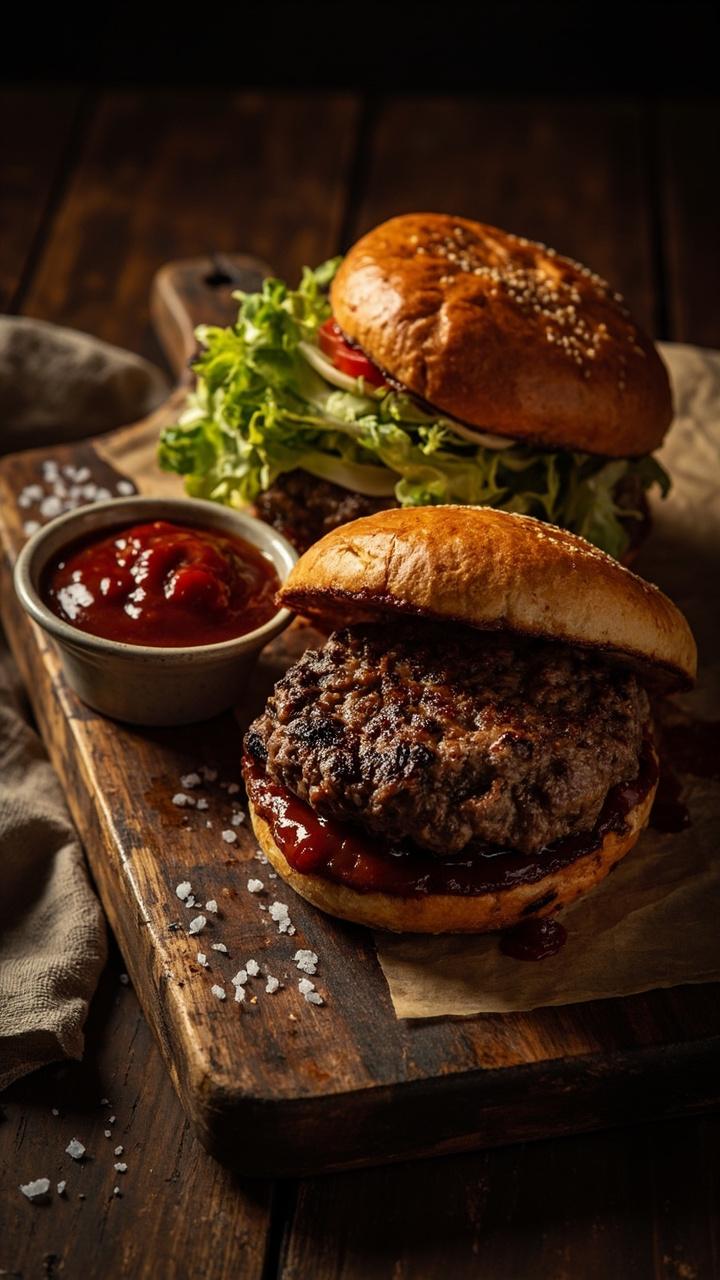 Two thick pan seared beef patties on a rustic wooden board, toasted brioche buns leaning open, a tangle of leafy green lettuce on one bun half, thin red tomato slices on the other, a small ramekin of ketchup beside the board, coarse salt flakes sprinkled nearby, a folded linen napkin at the edge.