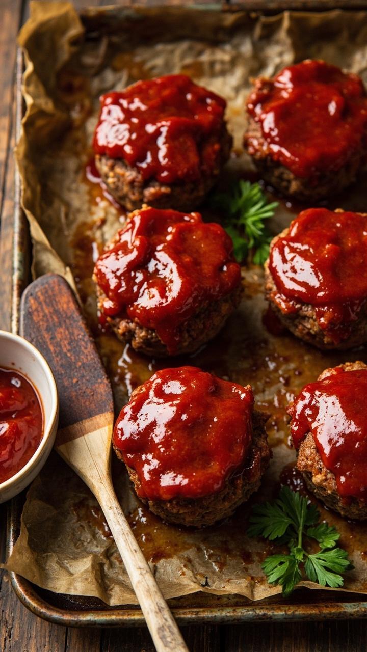 Six golden topped meatloaf muffins on a sheet pan lined with parchment, glossy tomato glaze brushed on top, a small bowl of extra glaze nearby, a sprig of parsley for color, a wooden spatula in the scene.