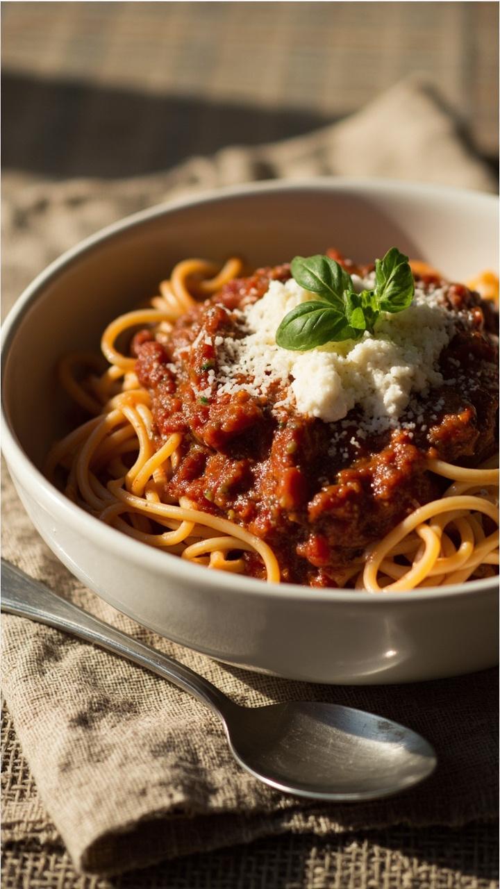 A shallow white pasta bowl filled with spaghetti coated in chunky beef tomato sauce, a spoonful of grated Parmesan on top, a sprig of basil, a linen placemat under the bowl, a rustic spoon resting beside.