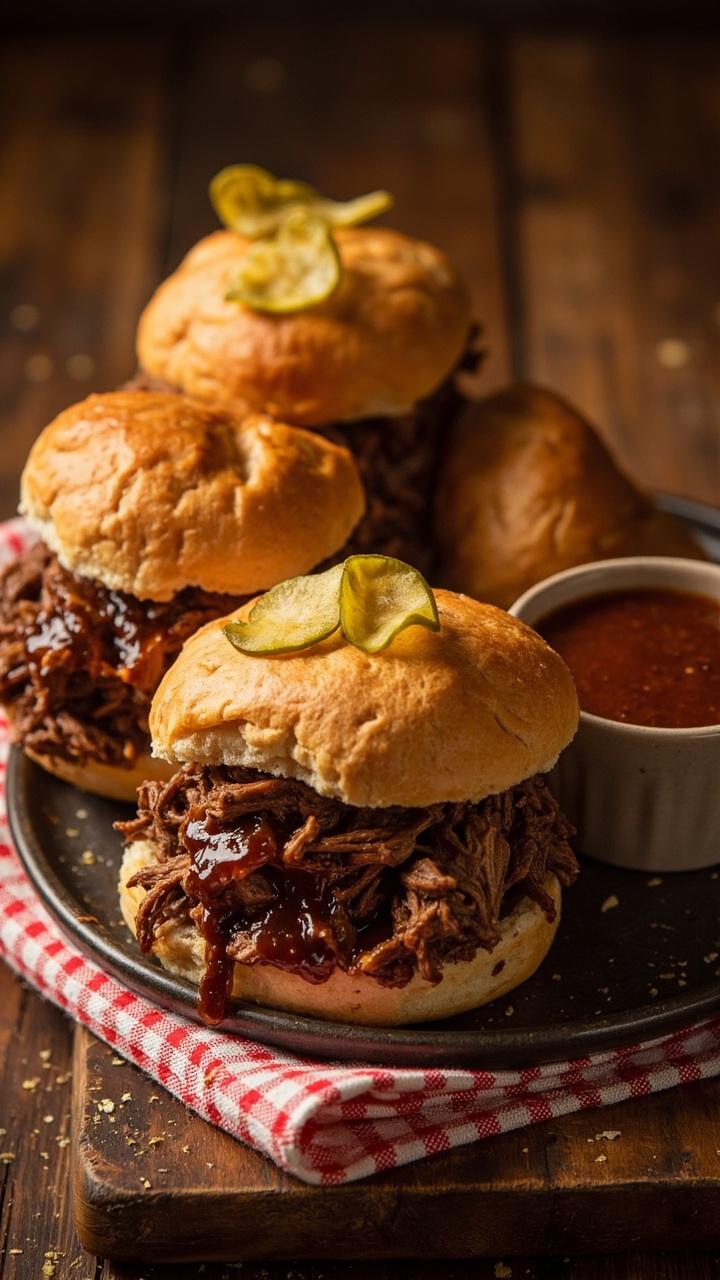 Three soft sandwich rolls filled with glossy saucy beef, a scattering of pickle chips on top of one, a small bowl of extra sauce to the side, a checked napkin under the plate, crumbs on the board.