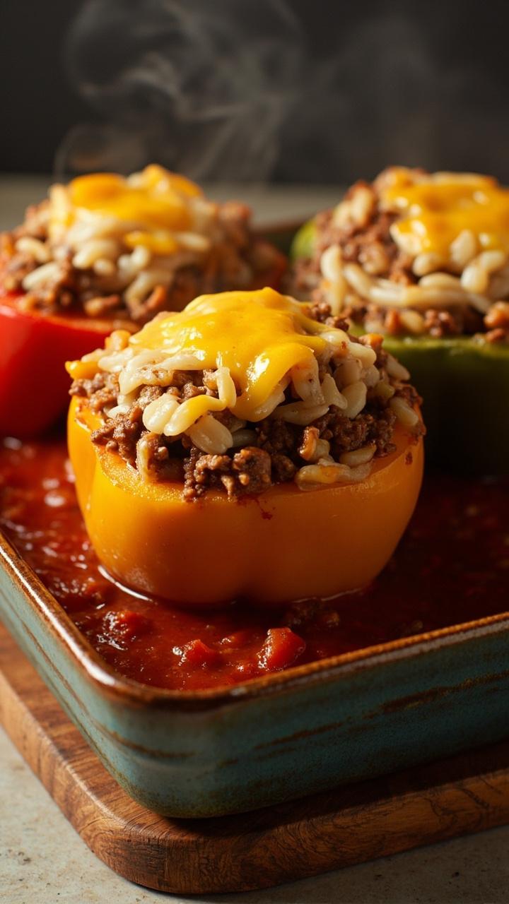 Three halved bell peppers upright in a ceramic baking dish, glossy rice and beef filling mounded inside each, a sprinkle of melted cheddar on top, a small spoon of tomato sauce drizzled around, a wooden trivet holding the dish.