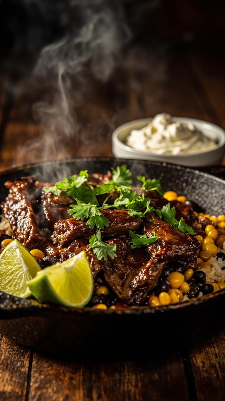 A cast iron skillet filled with sizzling beef, black beans, corn, and fluffy rice, scattered cilantro leaves on top, lime wedges on the rim of the skillet, a small bowl of sour cream nearby.