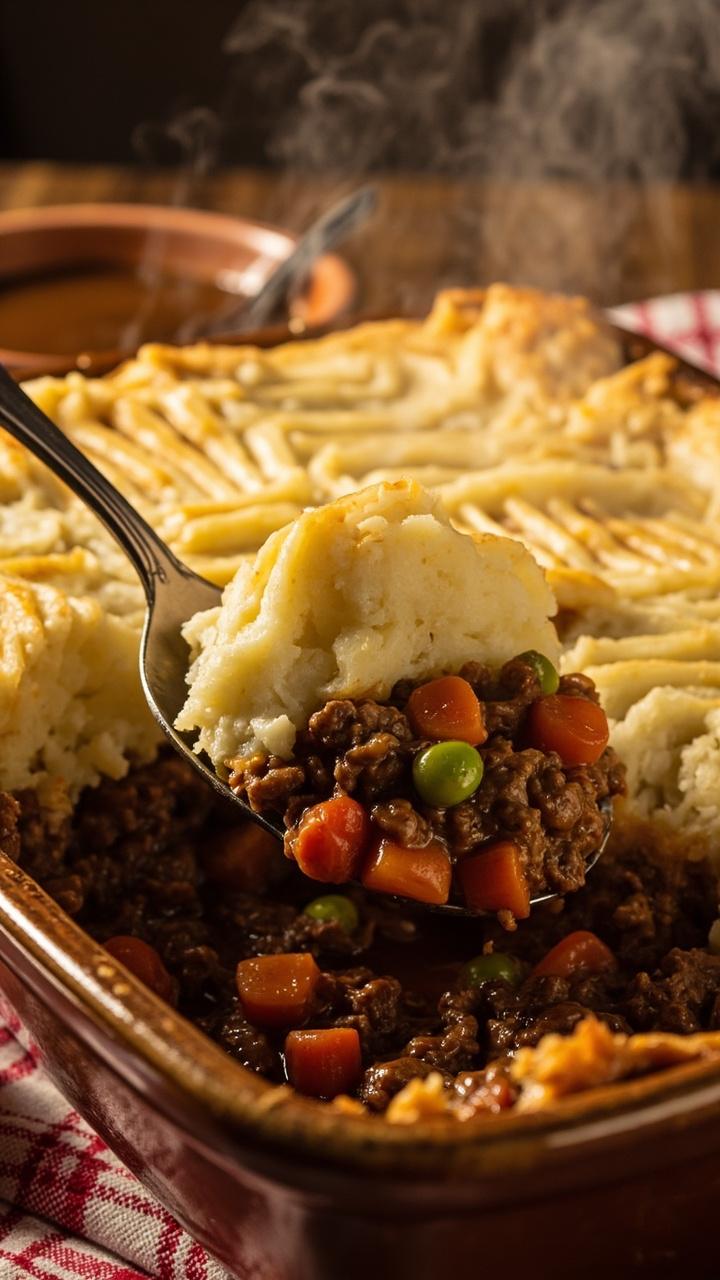 A deep baking dish showing a browned mashed potato top with fork marks, a serving spoon revealing the beef and vegetable filling under the potato, a small bowl of extra gravy beside, a checked cloth under the dish.