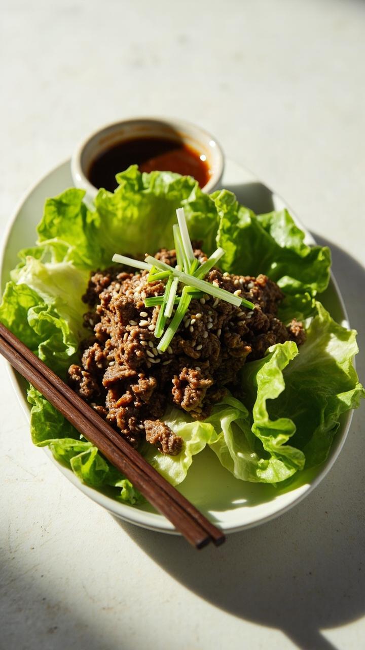 A small oval plate with butter lettuce leaves fanned out, a mound of glossy minced beef with scallions and sesame seeds in the center, small dish of soy dipping sauce, chopsticks resting on the plate.