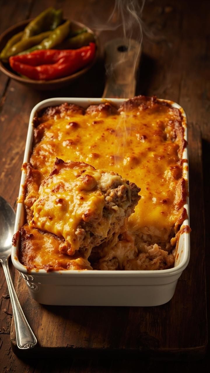 A square ceramic casserole dish with golden bubbly melted cheese on top, a square scooped out showing cheesy rice and beef inside, a serving spoon on a wooden board, a small bowl of pickled peppers to the side.