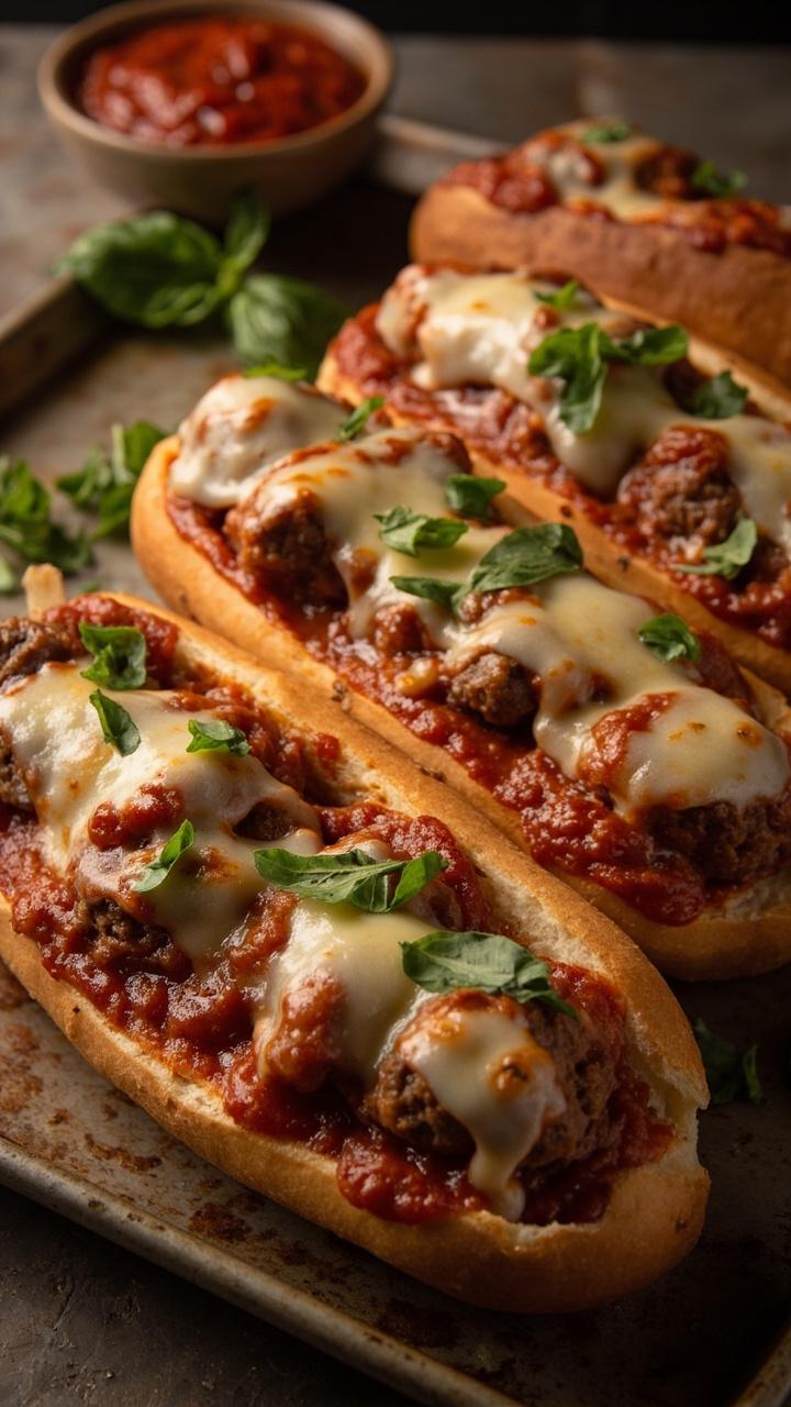 Three long sub rolls lined up on a baking sheet, each filled with plump tomato sauced meatballs and melted provolone, a scattering of fresh basil leaves, a small bowl of extra marinara at the side.