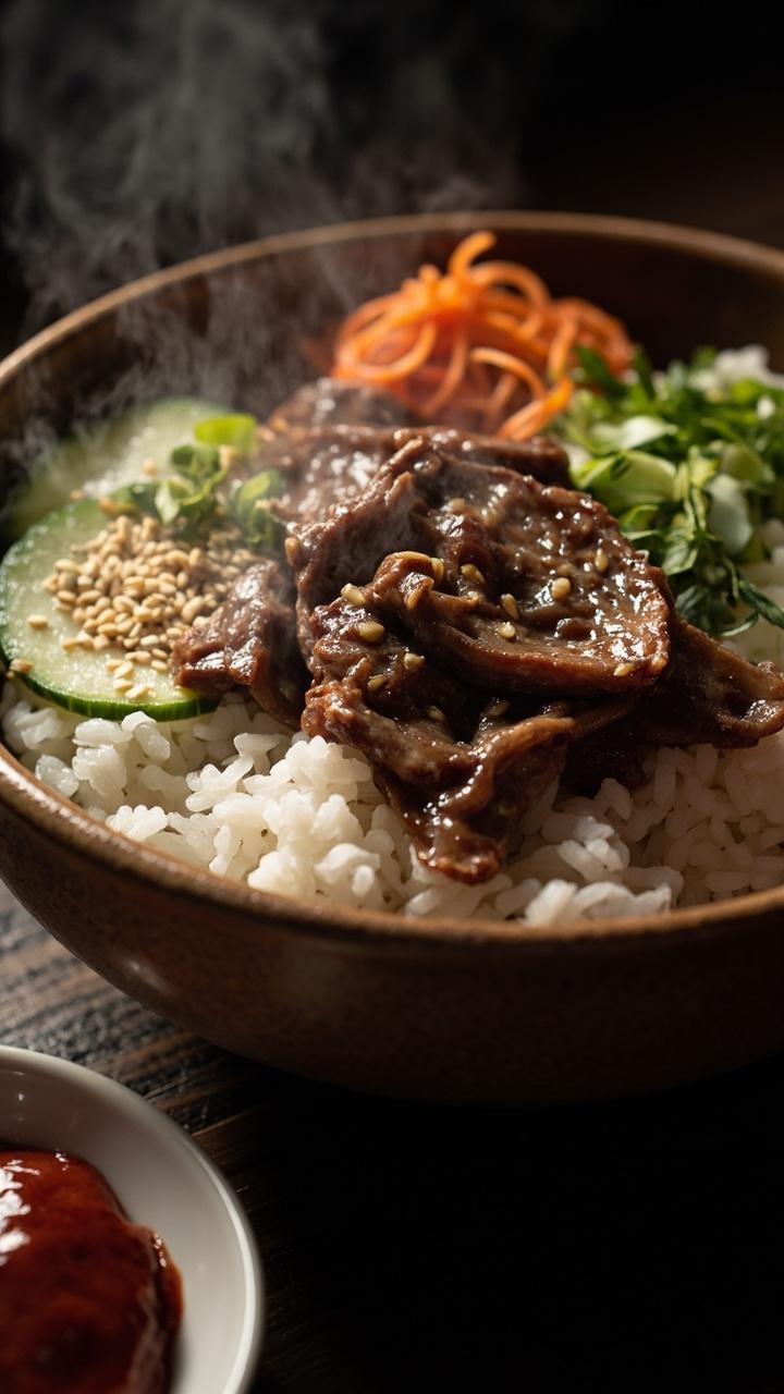 A deep bowl with steamed white rice crowned by glossy brown beef, thinly sliced cucumber and carrot ribbons on the side, sesame seeds and sliced scallion sprinkled on top, a small dish of gochujang on the side.