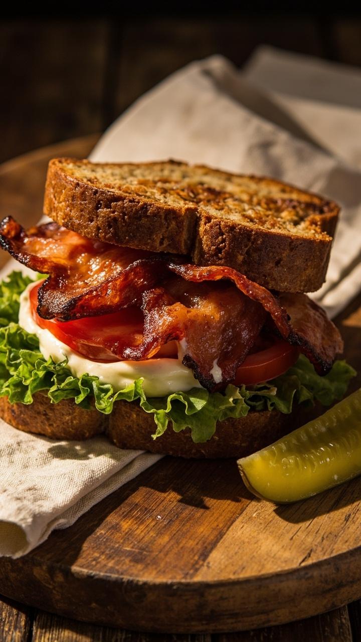 Toasted sourdough slices with glossy bacon strips, tomato slices, bright green lettuce, a smear of creamy aioli, a small pile of dill pickles to the side, wooden cutting board, linen napkin Toasted sourdough slices with glossy bacon strips, tomato slices, bright green lettuce, a smear of creamy aioli, a small pile of dill pickles to the side, wooden cutting board, linen napkin