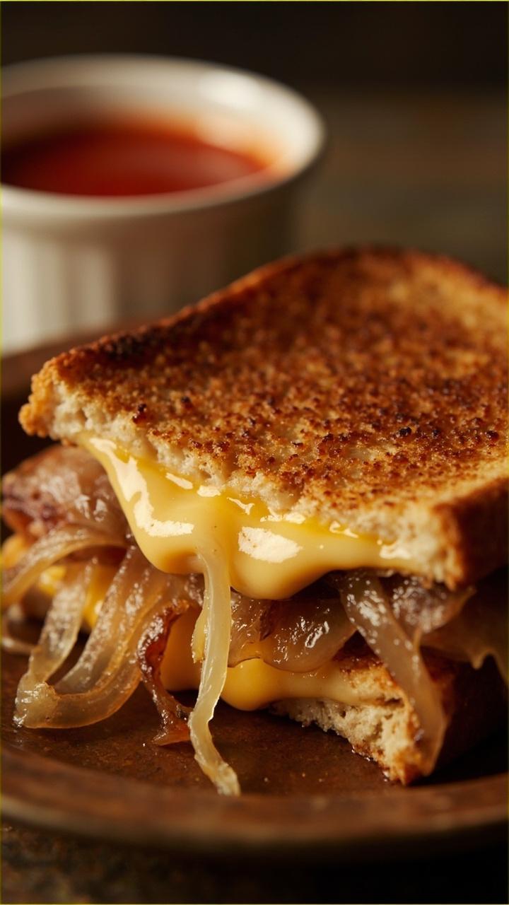 Golden brown grilled cheese with melted cheddar oozing at the seam, caramelized onion peeking out, small bowl of tomato soup in the background, rustic plate, crumbed crust visible Golden brown grilled cheese with melted cheddar oozing at the seam, caramelized onion peeking out, small bowl of tomato soup in the background, rustic plate, crumbed crust visible
