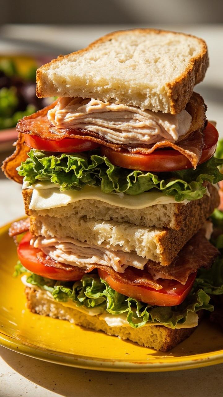 Triple-decker sandwich with layers of sliced turkey, ripe avocado slices, bacon, lettuce, tomato, cut diagonally to show the layers, small side salad, bright plate Triple-decker sandwich with layers of sliced turkey, ripe avocado slices, bacon, lettuce, tomato, cut diagonally to show the layers, small side salad, bright plate