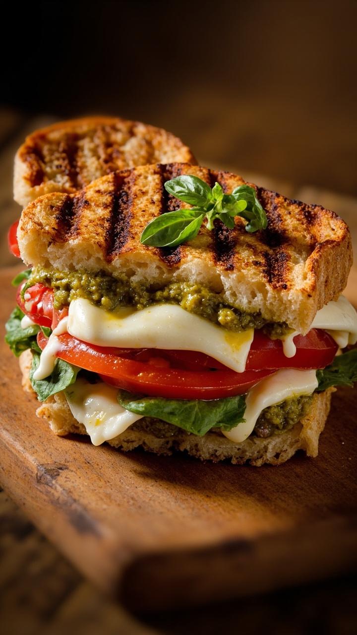 Pressed panini with melted mozzarella and tomato slices visible, green pesto smear, basil leaves tucked in, griddle marks across the top, small basil sprig garnish, wooden board Pressed panini with melted mozzarella and tomato slices visible, green pesto smear, basil leaves tucked in, griddle marks across the top, small basil sprig garnish, wooden board