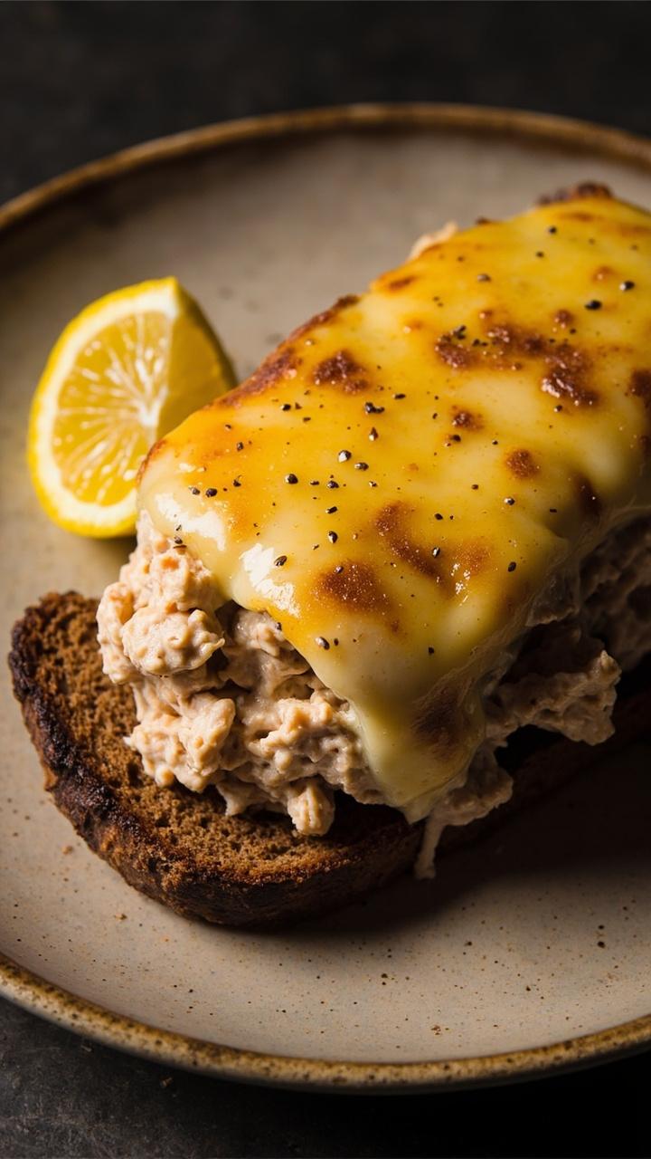 Open-faced rye with creamy tuna salad and melted Swiss cheese, toasted edges darkened, small lemon wedge on the side, ceramic plate, flecks of black pepper visible Open-faced rye with creamy tuna salad and melted Swiss cheese, toasted edges darkened, small lemon wedge on the side, ceramic plate, flecks of black pepper visible