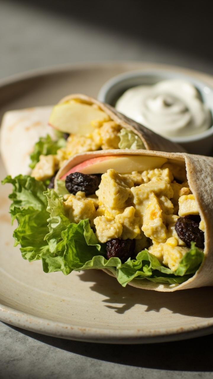 Flour tortilla wrap cut in half on a plate, visible filling of curried chicken salad with chunks of apple and raisins, crisp lettuce inside, small ramekin of extra yogurt on the side, neutral background Flour tortilla wrap cut in half on a plate, visible filling of curried chicken salad with chunks of apple and raisins, crisp lettuce inside, small ramekin of extra yogurt on the side, neutral background