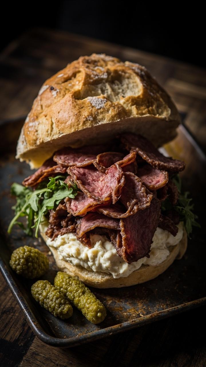 Open ciabatta roll topped with thinly sliced roast beef, arugula, a smear of creamy horseradish sauce, a few cornichons to the side, metal tray, rustic look Open ciabatta roll topped with thinly sliced roast beef, arugula, a smear of creamy horseradish sauce, a few cornichons to the side, metal tray, rustic look