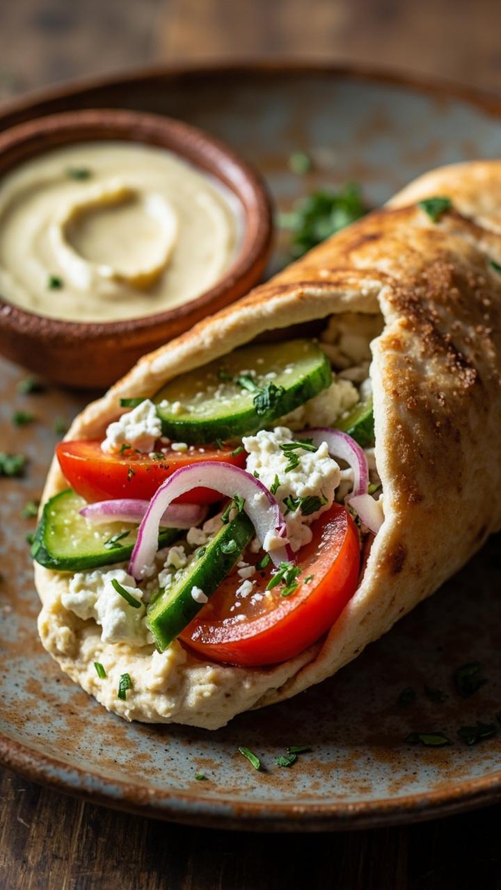 Half pita pocket filled with hummus, sliced cucumber, tomato, red onion, crumbled feta, sprinkle of parsley, small bowl of extra hummus, stoneware plate Half pita pocket filled with hummus, sliced cucumber, tomato, red onion, crumbled feta, sprinkle of parsley, small bowl of extra hummus, stoneware plate