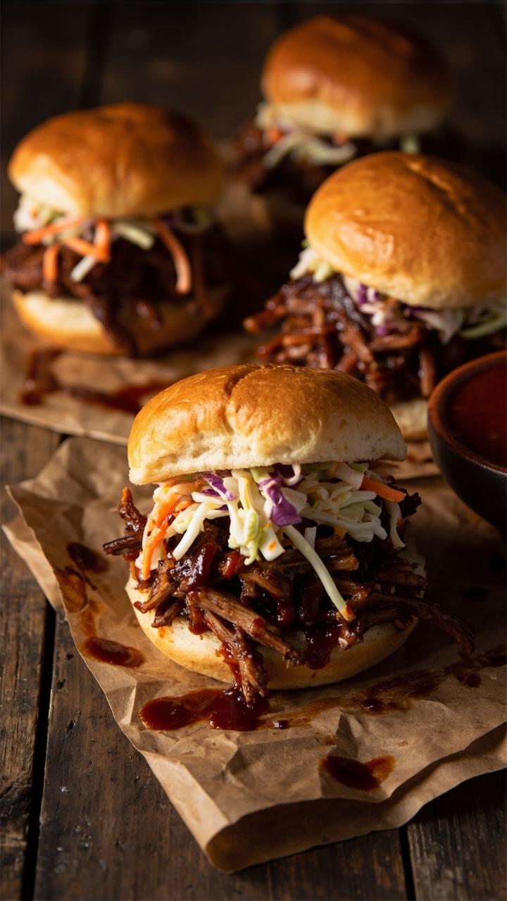 Three small slider buns filled with shiny BBQ pulled pork and a scoop of crunchy coleslaw on top, small bowl of extra BBQ sauce, butcher paper under the sliders, rustic table Three small slider buns filled with shiny BBQ pulled pork and a scoop of crunchy coleslaw on top, small bowl of extra BBQ sauce, butcher paper under the sliders, rustic table