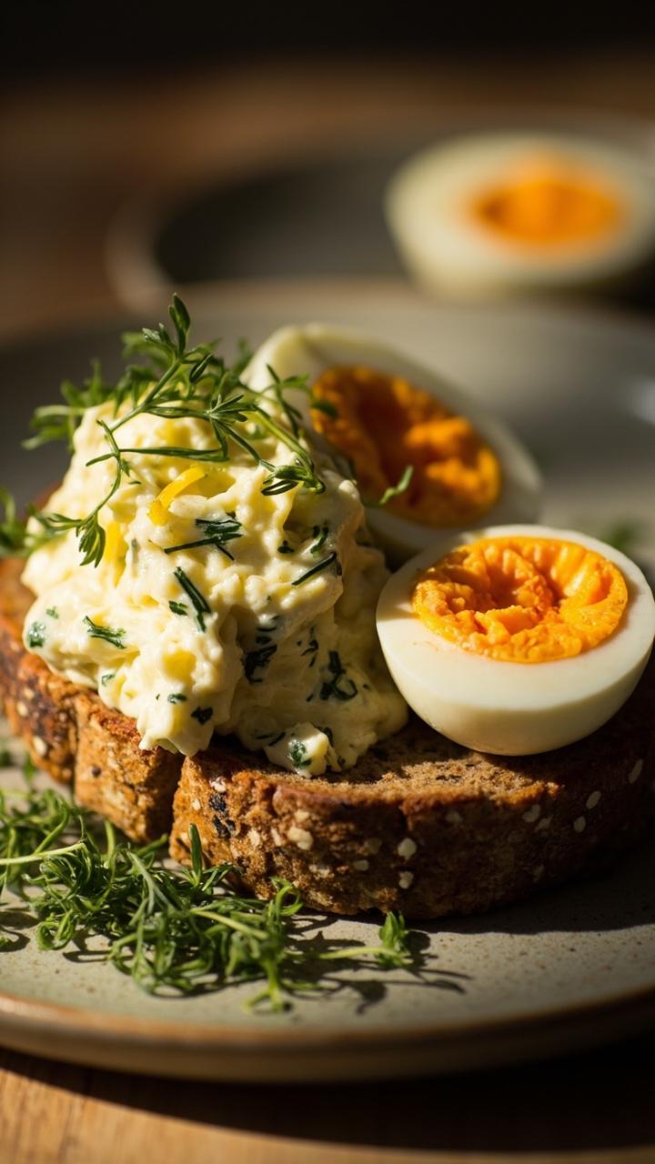 Thick slice of whole grain bread topped with creamy egg salad flecked with green dill and lemon zest, halved soft-boiled eggs beside it, small scatter of microgreens, ceramic plate Thick slice of whole grain bread topped with creamy egg salad flecked with green dill and lemon zest, halved soft-boiled eggs beside it, small scatter of microgreens, ceramic plate